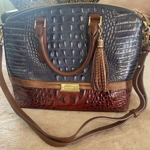 Brahmin Navy and Chestnut Croc-Embossed Satchel